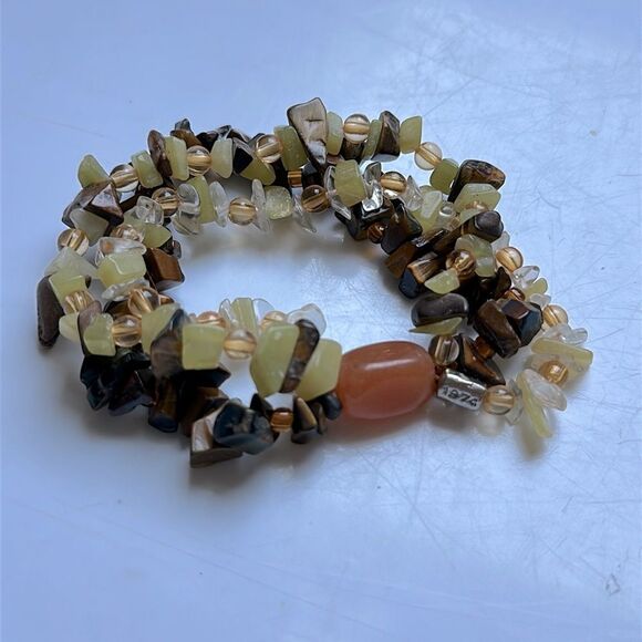 PJ 1974  Brown, Light Green & Amber Strand Stone Beaded Stretch Bracelet - Picture 2 of 6